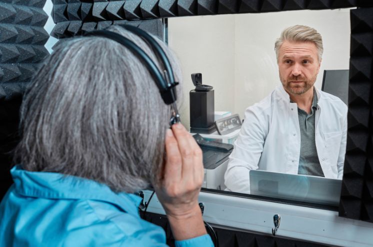 Patient wearing headphones during an audiogram test in a sound booth